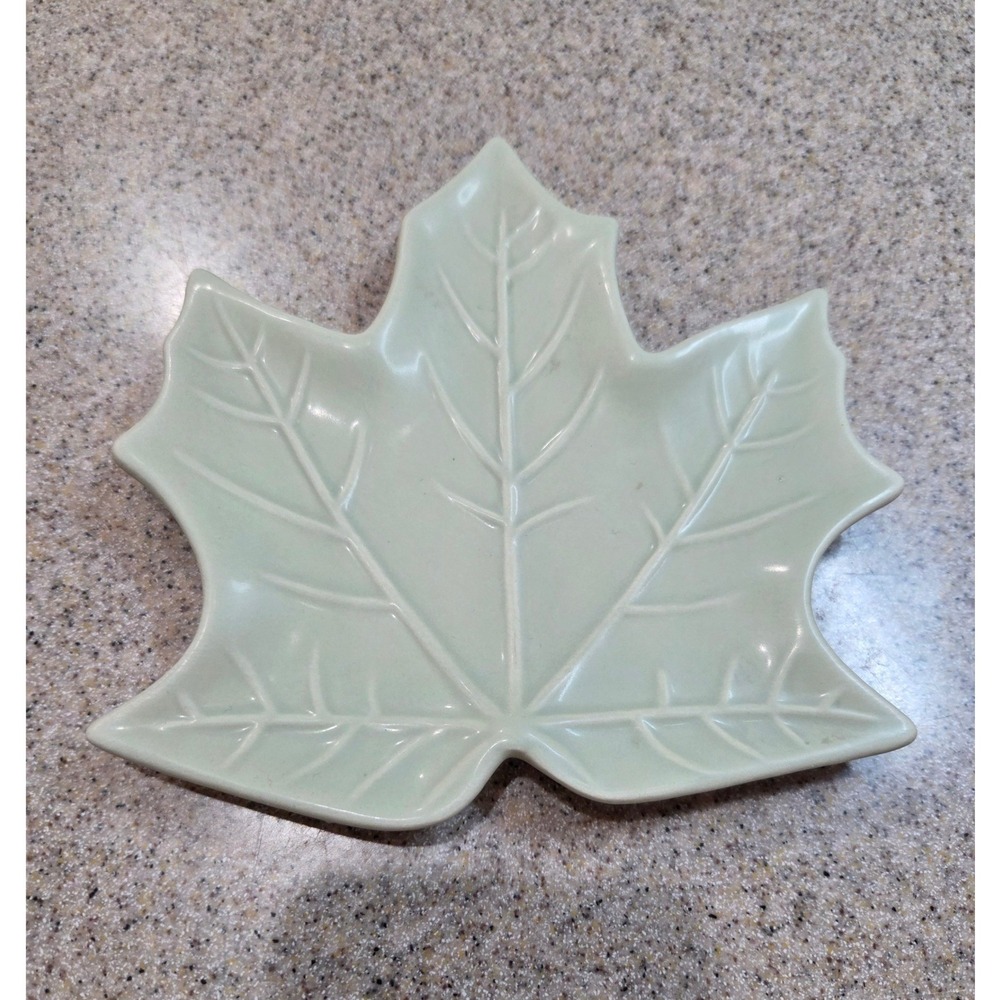 Sage Green Maple Leaf Ceramic Spoon Rest Trinket Dish Fall Harvest Thanksgiving